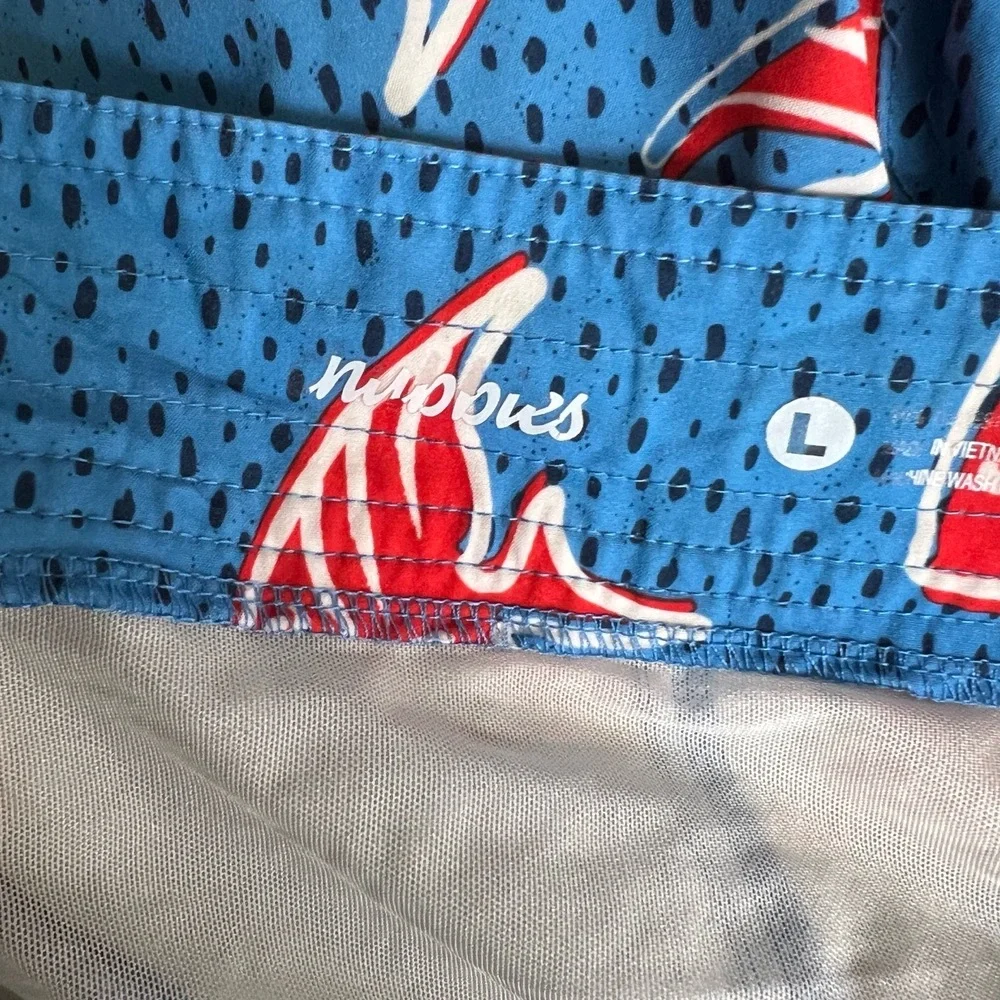 Chubbies Men’s Swim Trunks Red Fish Print Blue Stretch Lined Shorts Size L‎